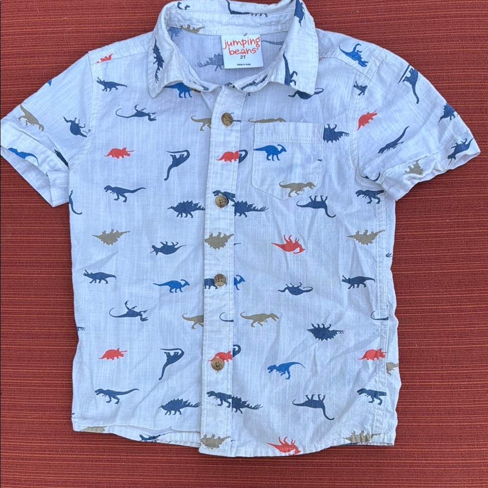 Jumping Beans Kids Dinosaur Print Button Down White Shirt - Blue and Red